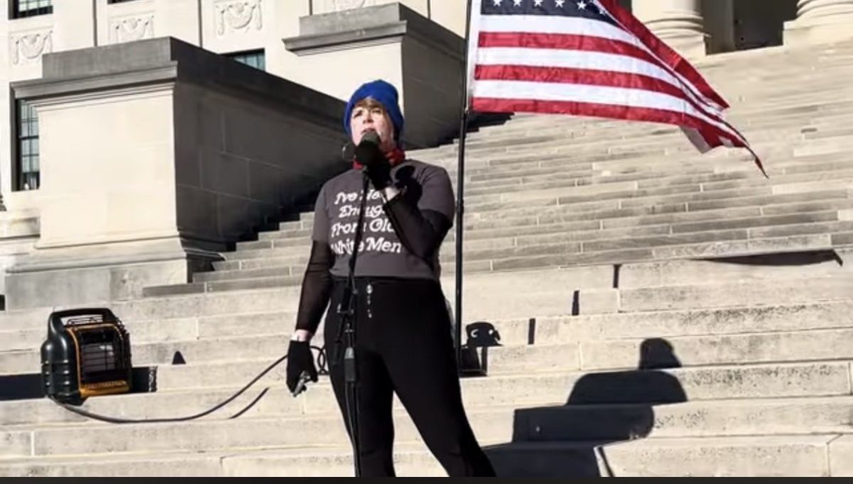 Brit Aguirre speaking at the Women’s March Walk-Out at the Capitol Building in Charleston Jan. 20. (Courtesy of Brit Aguirre)