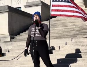 Brit Aguirre speaking at the Women’s March Walk-Out at the Capitol Building in Charleston Jan. 20. (Courtesy of Brit Aguirre)